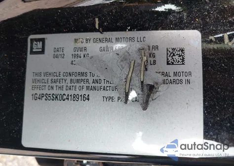 2012 Buick Verano Leather Group from USA, damaged, VIN 1G4PS5SK0C4189164